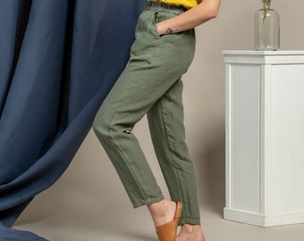 Pantalon en lin pour femme Pantalon taille haute avec taille élastique Pantalon fuselé en lin Pantalon Vêtements en lin durables DAKOTA Stone Green