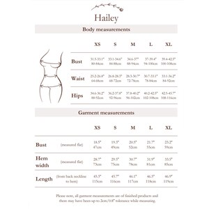 May include: Size chart for women's clothing with measurements in inches and centimeters. The chart includes bust, waist, hips, and garment measurements for sizes XS, S, M, L, and XL.
