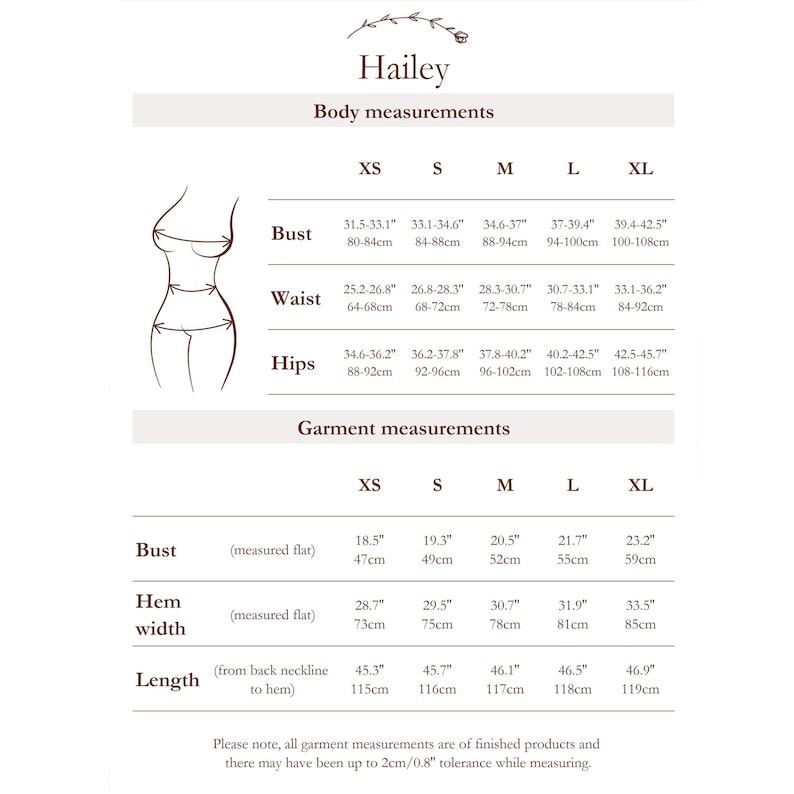May include: Size chart for women's clothing with measurements in inches and centimeters. The chart includes bust, waist, hips, and garment measurements for sizes XS, S, M, L, and XL.