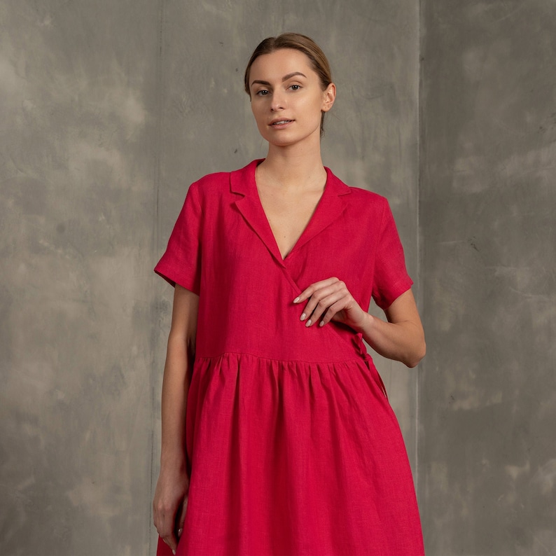 Linen Collared Wrap Dress Phoebe in hot pink color