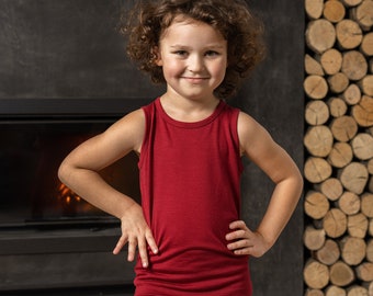 Merino Wool Tank Top for Kids Thermal Base Layer Sleeveless Top for Toddler Children Natural Clothing 160gsm Royal Cherry