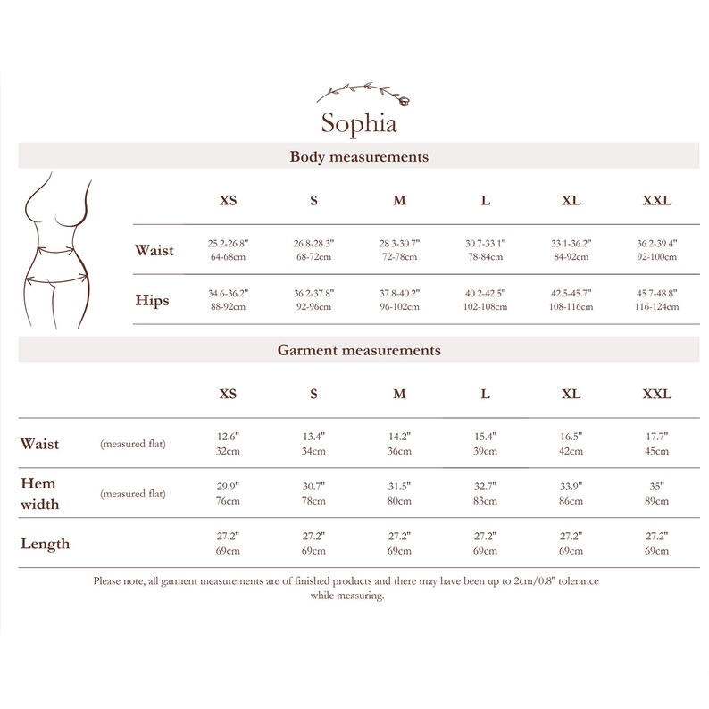 Puede incluir: Tabla de tallas para ropa de mujer con medidas en pulgadas y cent&iacute;metros. La tabla incluye las tallas XS, S, M, L, XL y XXL. Se proporcionan medidas para la cintura y las caderas, as&iacute; como medidas de la prenda para la cintura, el ancho del dobladillo y la longitud.