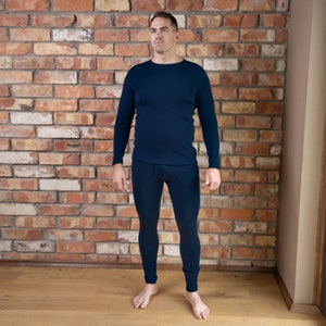 Mens Long Sleeve Shirt & Workout Leggings Two Piece Set Matching Lounge Set Merino Wool Thermal Pajama Set Sustainable Clothing 250gsm Dark Blue