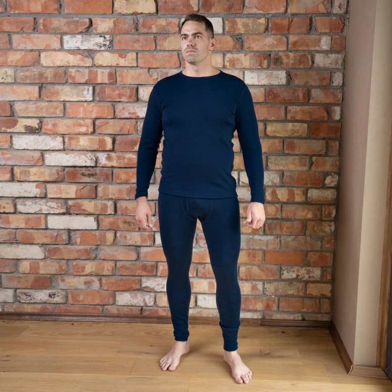 Mens Long Sleeve Shirt & Workout Leggings Two Piece Set Matching Lounge Set Merino Wool Thermal Pajama Set Sustainable Clothing 250gsm Dark Blue