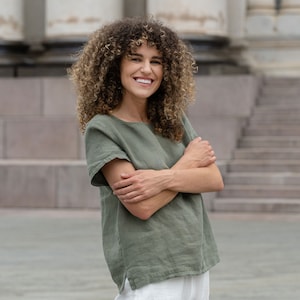 Pure Linen T-Shirt for Summer Linen Blouse for Women Linen Top Short Sleeve Linen Top EMMA Stone Green - Linen Clothing