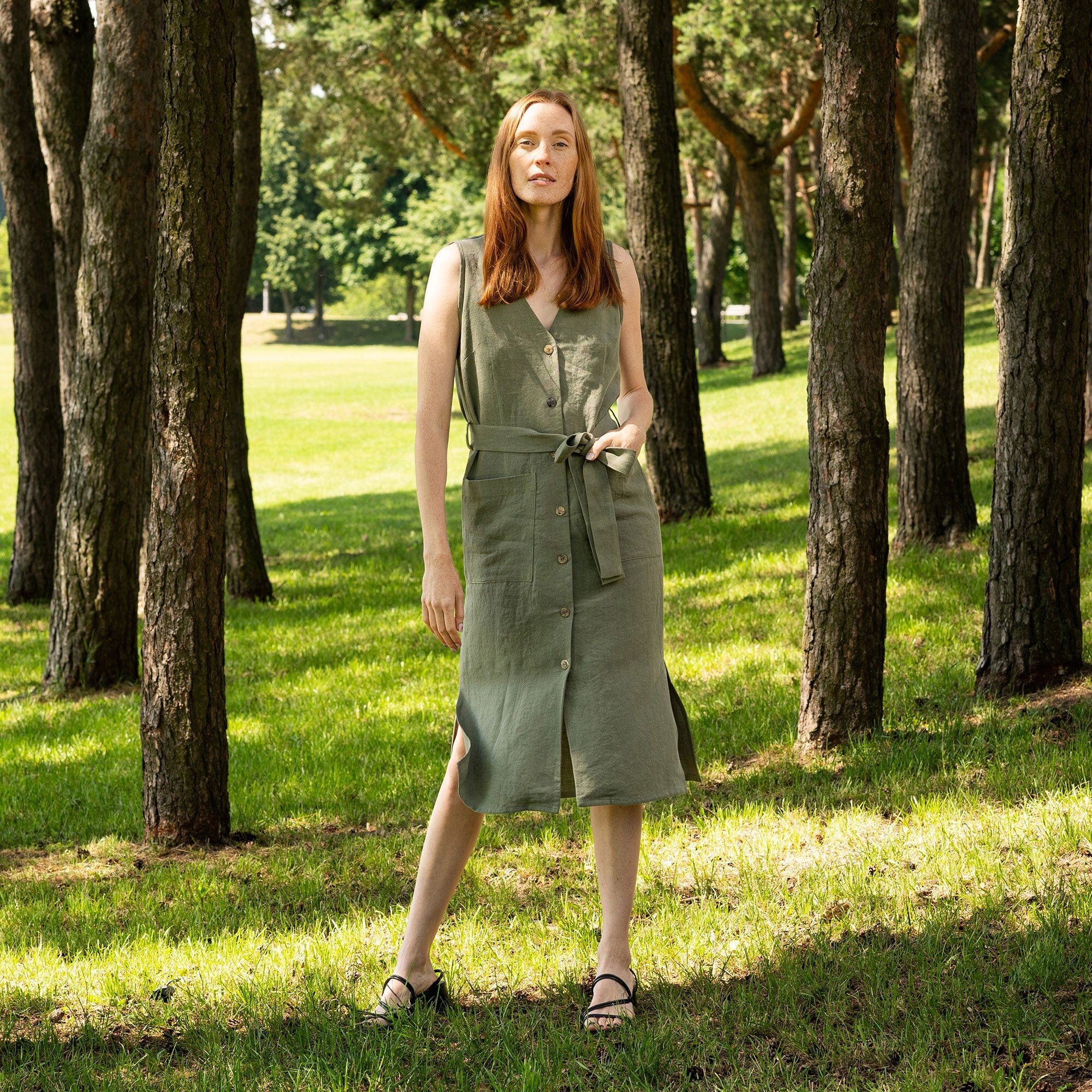 Safari Dress Button Front Down Linen Summer Casual Sleeveless With Belt Shift Midi Sierra