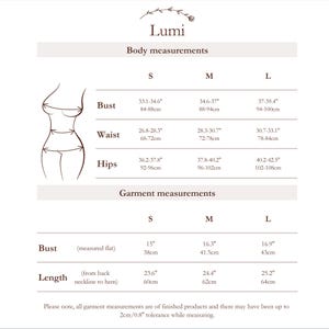 May include: A white chart with the brand name "Lumi" at the top. The chart displays body and garment measurements in inches and centimeters for sizes S, M, and L. Measurements include bust, waist, hips, and length.