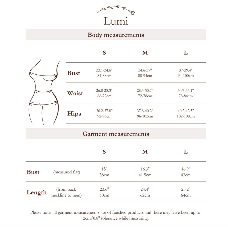 May include: A white chart with the brand name "Lumi" at the top. The chart displays body and garment measurements in inches and centimeters for sizes S, M, and L. Measurements include bust, waist, hips, and length.
