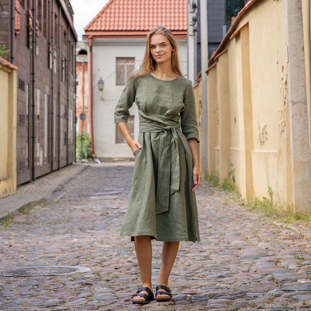 Linen Tie-Wrap Casual Dress For Women