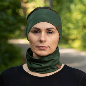 2 Piece Set of Neck Gaiter & Headband for Women Men Unisex Two Piece Set Merino Wool Sustainable Clothing Fall Knit Accessories Dark Green image 4