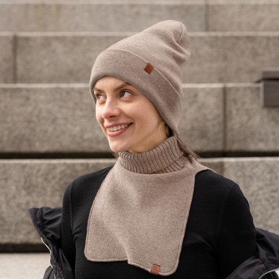 2 Piece Set of Beanie Hat Mock Dickie Winter Merino Wool Knit