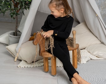 Thermal Kids Base Layers Merino Wool Loungewear Set Unisex Toddler Fall Outfit Soft Merino Set Baby Clothes 250gsm Black