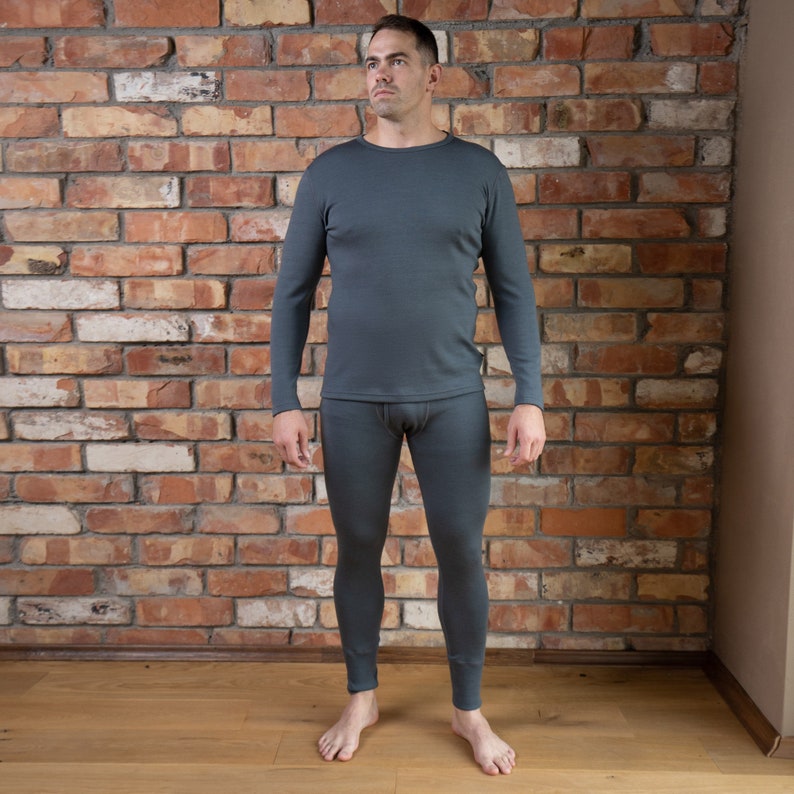 Mens Long Sleeve Shirt & Workout Leggings Two Piece Set Matching Lounge Set Merino Wool Thermal Pajama Set Sustainable Clothing 250gsm Perfect Gray