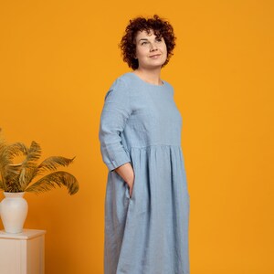 Smock Linen Dress Organic Summer Dress for Women 100% Linen Midi Dress Sustainable Linen Clothes Mother's Day Gift LUCY Cloudy Blue image 5