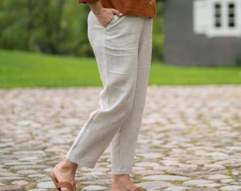Pantalones 100% lino para mujer, de talle alto y corte ajustado, con bolsillos, ideales para el verano. Ropa de lino natural DAKOTA.