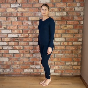 Women's Merino Wool Set of Leggings & Long Sleeve Top Thermal Layers Two Piece Set Organic Clothes 250gsm Dark Blue