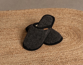 Merino Wool Slippers Men Bathroom Slippers House Slippers Natural Slippers for Men Gifts for Him Boyfriend Black Slippers