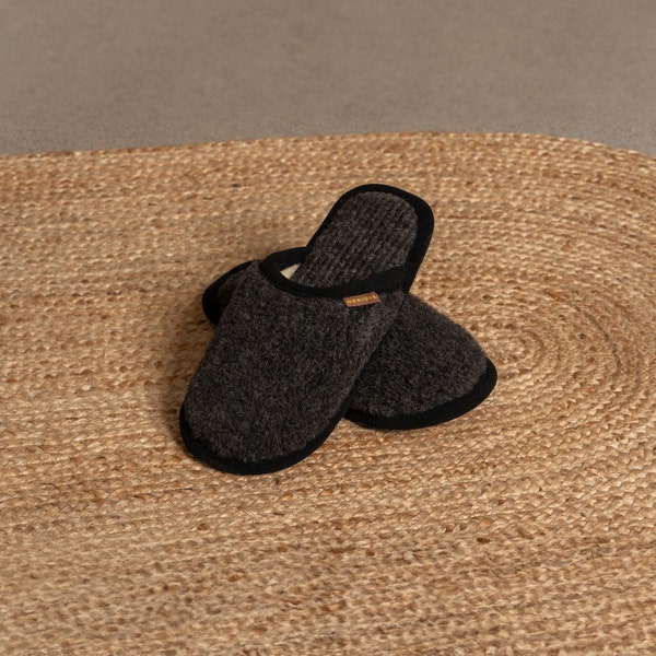 Merino Wool Slippers Men Bathroom Slippers House Slippers Natural Slippers for Men Gifts for Him Boyfriend Black Slippers