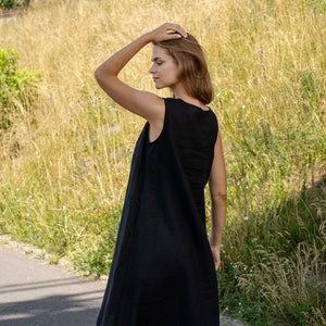 Black Assymetrical Dress Linen Assymetrical Dress Sleeveless Dress Midi Linen Dress Simple Shift Dress for Women Linen Clothing KAYA image 4