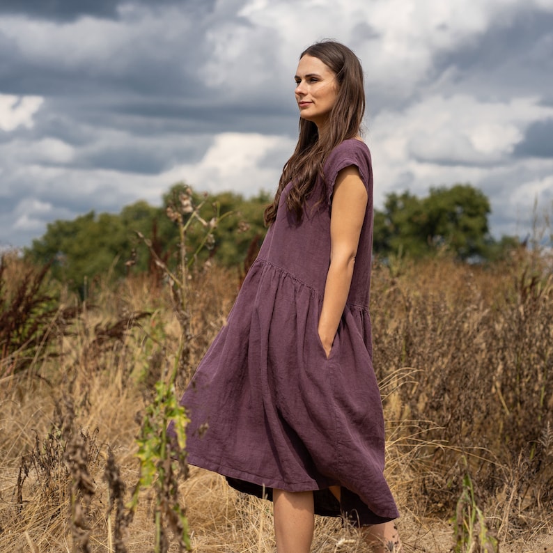Ready to ship linen smock dress in shadow purple color