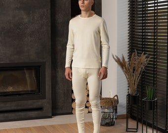 Merino Wool Mens Two piece Set of Leggings & Mens Pullover Sweatshirt Lounge Set Middle Base Layers Thermal Outfit 250gsm