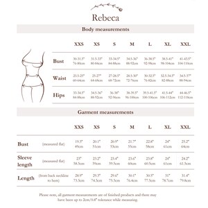 May include: Size chart for women's clothing with measurements in inches and centimeters. The chart shows bust, waist, and hip measurements for sizes XXS through XXL.