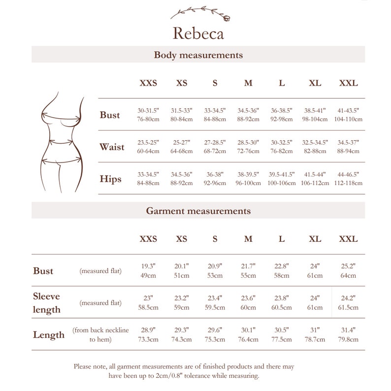 May include: Size chart for women's clothing with measurements in inches and centimeters. The chart shows bust, waist, and hip measurements for sizes XXS through XXL.