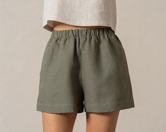 Pantalones cortos sin cierre, pantalones cortos casuales, pantalones cortos de lino, pantalones cortos de verano, pantalones cortos de playa, pantalones cortos para mujer / pantalones cortos de lino de cintura alta con bolsillos