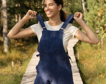 Linen Jumpsuit for Women Summer Pinafore Jumpsuit Adult Overall Sleeveless Linen Jumpsuit Organic Clothing Navy Jumpsuit NICCI Storm Blue