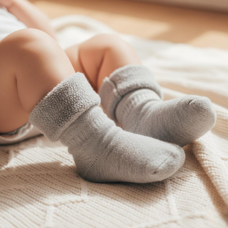 Baby wearing Merino Wool Sherpa Socks in the color light gray