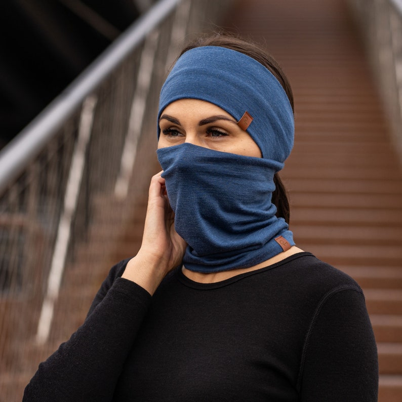 Organic Merino Wool Neck Gaiter Unisex Face Mask Neck Warmer Ski Mask Sustainable Gifts Knit Accessories Denim blue image 4