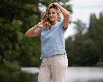 Linen Blouse for Women Short Sleeve Summer Top Loose Linen Shirt Top Handmade Natural Linen Clothing EMMA