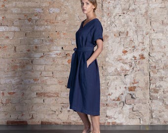 Loose Linen Dress for Women Summer Dress With Pockets Organic Midi Dress  Linen Tunic Sustainable Linen Clothing JOELLE - Etsy