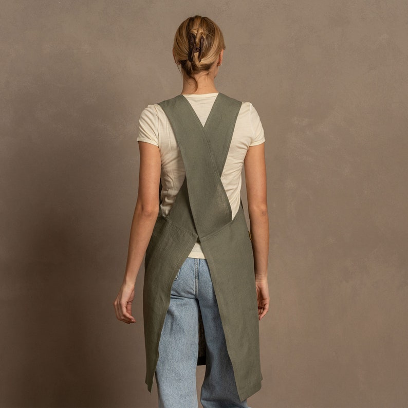 unisex japanese style cross-back apron in stone green