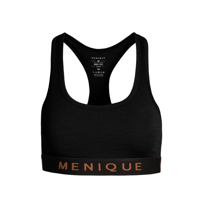 May include: Black sports bra with a racerback design. The bra features a wide band with the brand name "MENIQUE" in a copper color. The bra has a scoop neckline and is made of a textured fabric. The size is XS.
