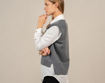 Chaleco de punto para mujer, chaleco de lana 100 % merino, chaleco de otoño, ropa minimalista, chaleco de punto, ropa de otoño, chaleco informal ISLA