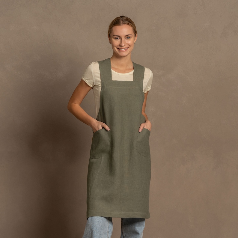 unisex japanese style cross-back apron in stone green