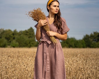 Lockeres Leinenkleid für Frauen Sommerkleid mit Taschen Bio Midi Kleid Leinen Tunika Nachhaltiges Leinen Kleidung JOELLE Faded Rose