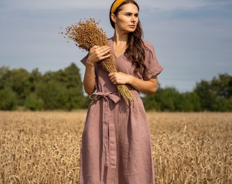 Robe ample en lin pour femme Robe d'été avec poches Robe midi bio Tunique en lin Vêtements en lin durable JOELLE Rose fanée