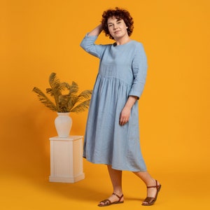Smock Linen Dress Organic Summer Dress for Women 100% Linen Midi Dress Sustainable Linen Clothes Mother's Day Gift LUCY Cloudy Blue image 4