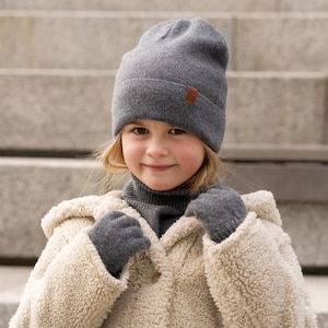 Kids Beanie Hat, Gloves & Mock Turtleneck Dickie Set for Toddlers Infants Merino Wool Knit Accessories Gifts for Kids Dark Gray
