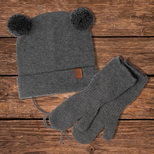 Baby Pom Beanie Hat & Mittens Gloves Two Piece Set Merino Wool Beanie with Chinstraps Knit Mittens Organic Accessories Dark Gray