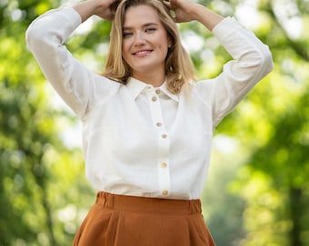 White Linen Shirt for Women Classic Shirt Linen Shirt Women Long Sleeve Shirt Collar Button Down Shirt Linen Blouse REBECA