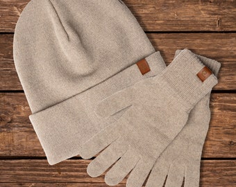 2 Stück Set Merino Wolle Mütze & Strick Handschuhe Damen Warm Herbst Gestrickt Accessoires Unisex Chunky Beanie Wolle Handschuhe Cremig Beige