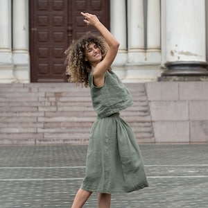 Midi Linen Skirt High Waisted Skirt with Pockets Pleated Skirt for Women Organic 100% Linen Summer Clothes SOPHIA