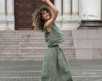 Midi Linen Skirt High Waisted Skirt with Pockets Pleated Skirt for Women Organic 100% Linen Summer Clothes SOPHIA