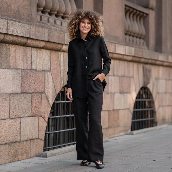 Linen Matching Set Linen Pajama Set of Long Sleeve Shirt & Linen Pants Wide Leg Trousers Linen Trousers Linen Shirt Linen Blouse Linen Suit