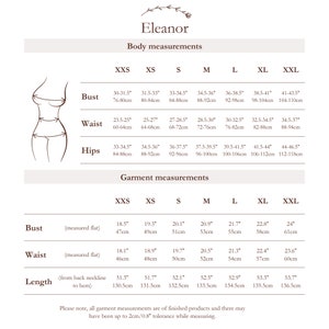 The picture features a sizing chart for the ELEANOR dress, providing recommended body measurements for the chosen garment size and the size of the garment itself.
