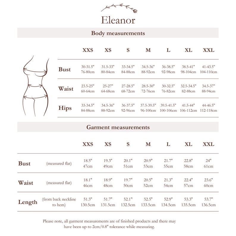 The picture features a sizing chart for the ELEANOR dress, providing recommended body measurements for the chosen garment size and the size of the garment itself.
