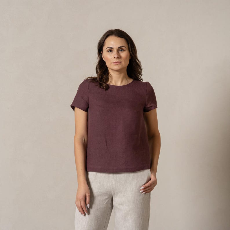 Organic 100% Linen Blouse Short Sleeve Top Round Neck Linen Blouse for Women Sustainable Linen Gifts for Women EMMA image 1